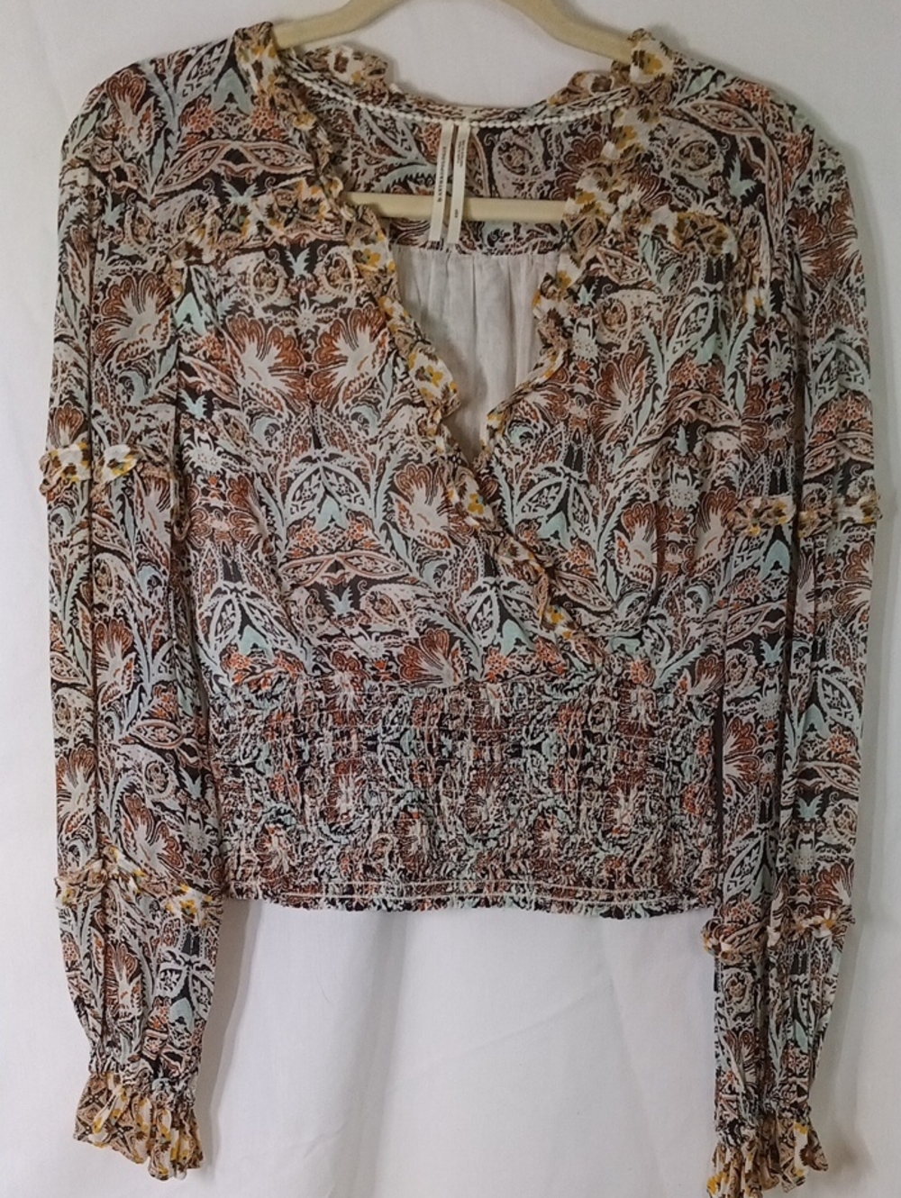 Anthropologie Boho Floral Wrap Peasant Top - Brown & Cream